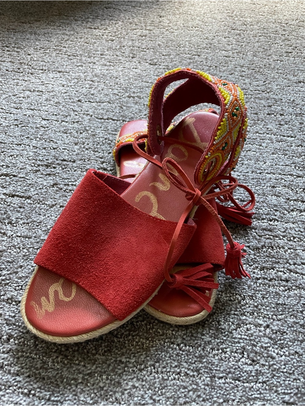 Sam Edelman Red Suede Espadrille Sandals with Beaded Heel Accent